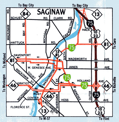 1970 map showing Former Business Loop I-75 through Saginaw, Michigan