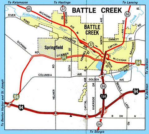 1970 map of Battle Creek, Michigan showing the route of Business Loop I-94