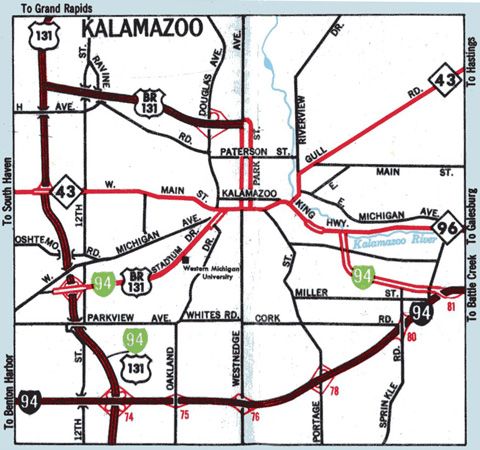 Kalamazoo on the 1965 Official Michigan Highway Map