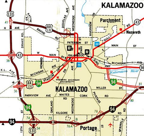 1980 map of Kalamazoo, Michigan showing Business Loop I-94
