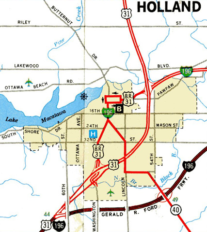1980 map of Holland, Michigan showing Business Loop I-196 