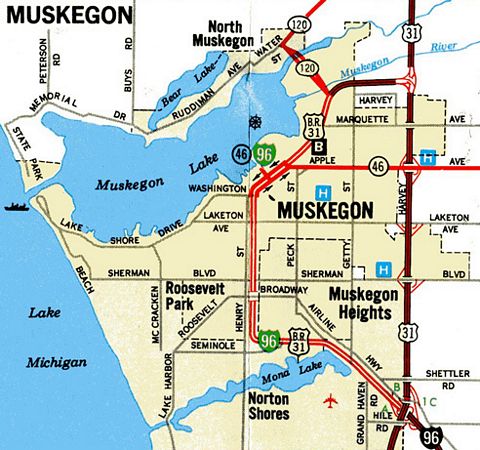 1980 map showing the former alignment of Business Spur I-96 to Muskegon, Michigan