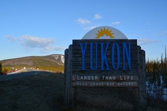 Yukon Welcome Sign on Alaska Highway southbound