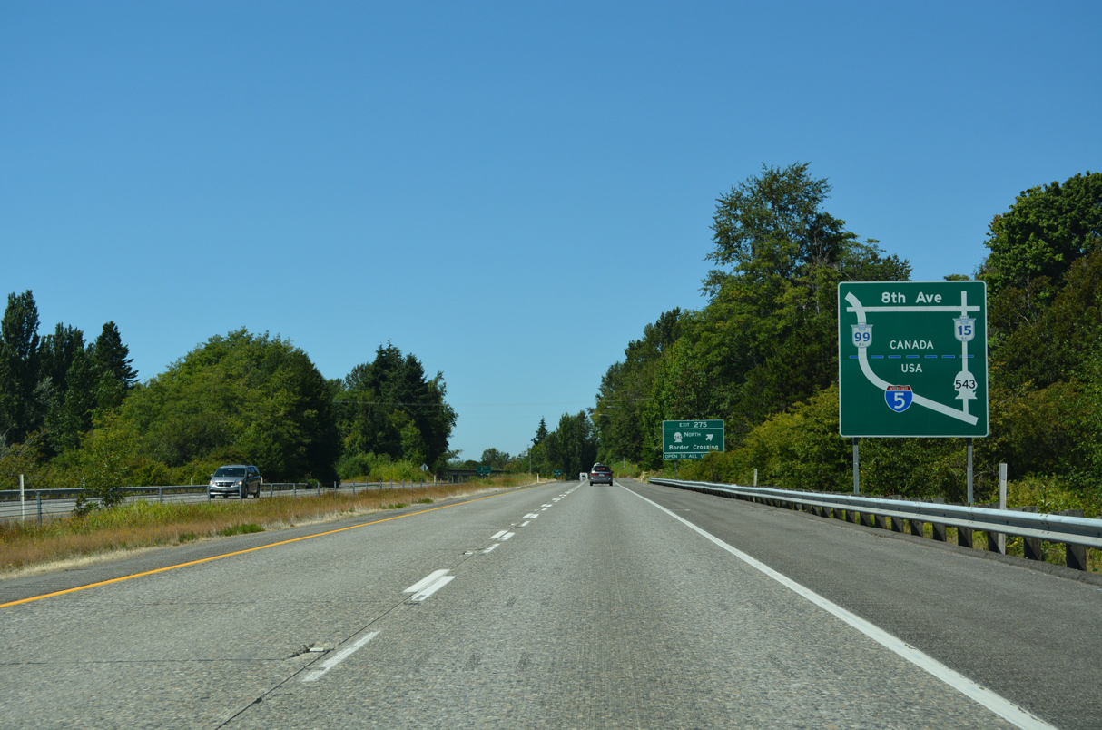 Routes to Canada diagrammatic sign posted on I-5 north at Blaine, WA