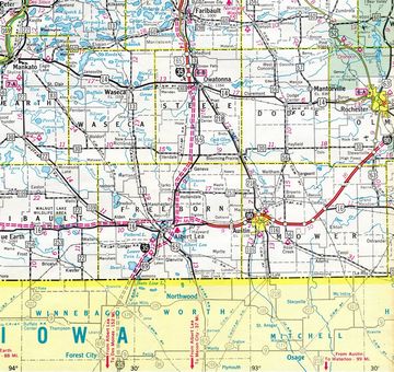 I-35 realigned to the east of Albert Lea – 1964 Minnesota Official Highway Map