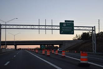 I-40 east at US 70/Future I-42 east to Clayton and Smithfield, NC.