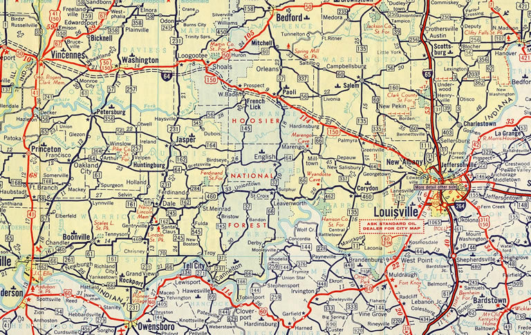 1961 road map showing the proposed I-64 corridor across Illinois and Indiana