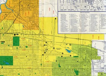 Undated map showing the Stapleton International Airport runway system spanning I-70 and the original directional T interchange with Interstate 225 south.