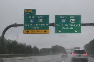 I-81 combines with US 322 west from I-83 to Harrisburg, PA.