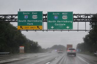 I-81 south at the three-wye interchange (Exit 70) with I-83 south and US 322.