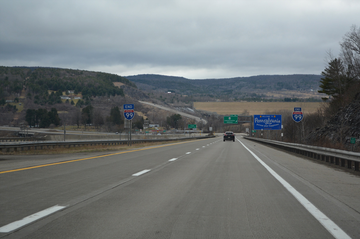 The south end of I-99 at the Pennsylvania state line in Lindley, NY.