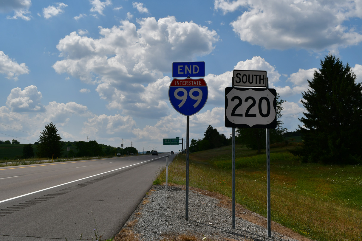 62 miles of U.S. 15, between I-180 in Williamsport and the New York state line near Lawrenceville, Pennsylvania were officially redesignated as part of Interstate 99 on July 30, 2026. Construction upgrading the exchange where the end of I-99 ties into I-80 near Bellefonte, PA continues to 2030. Added or replaced coverage at both at the south end near Bedford and at I-80 with photos from July 14 and July 25, 2024.
