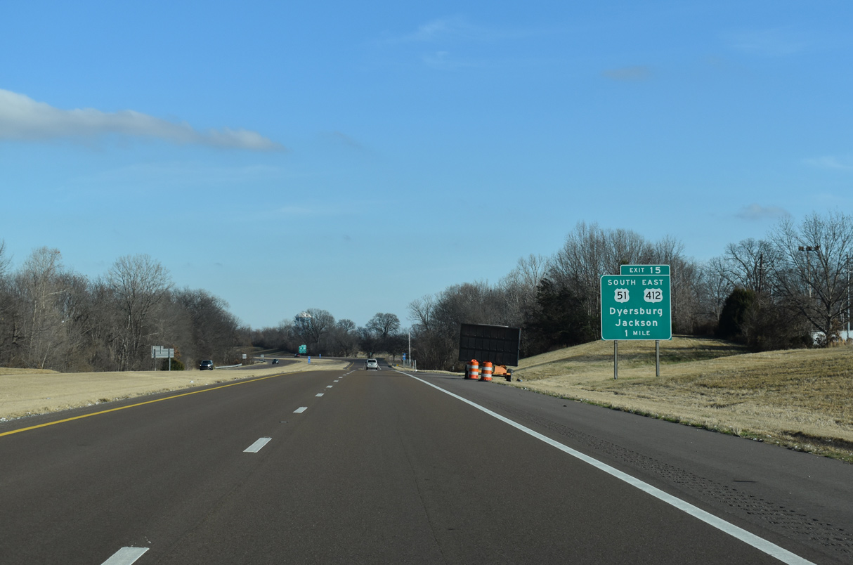 One mile ahead of U.S. 51 on I-155/U.S. 412 at Dyersburg, TN