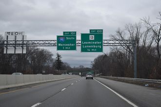 Route 2 east ahead of Route 13 and I-190 in Leominster, MA.