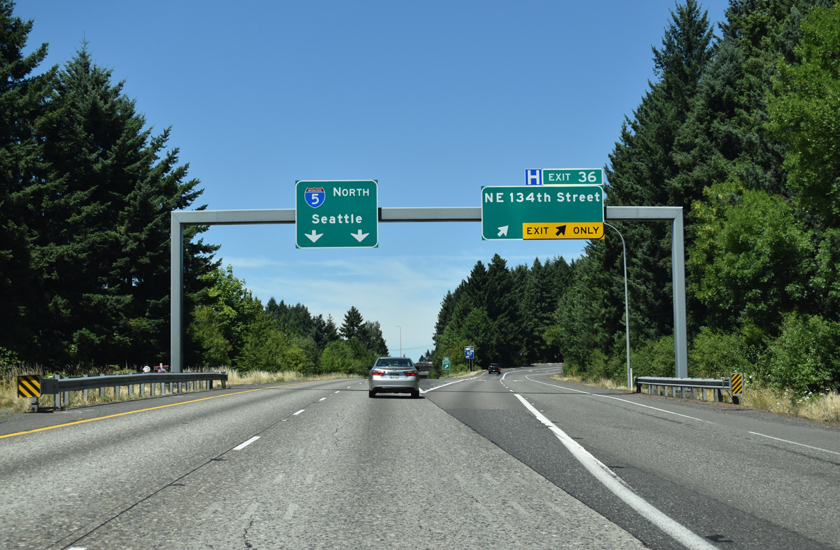 Exit 36 leaves I-5 north for NE 134th St at Salmon Creek, Washington