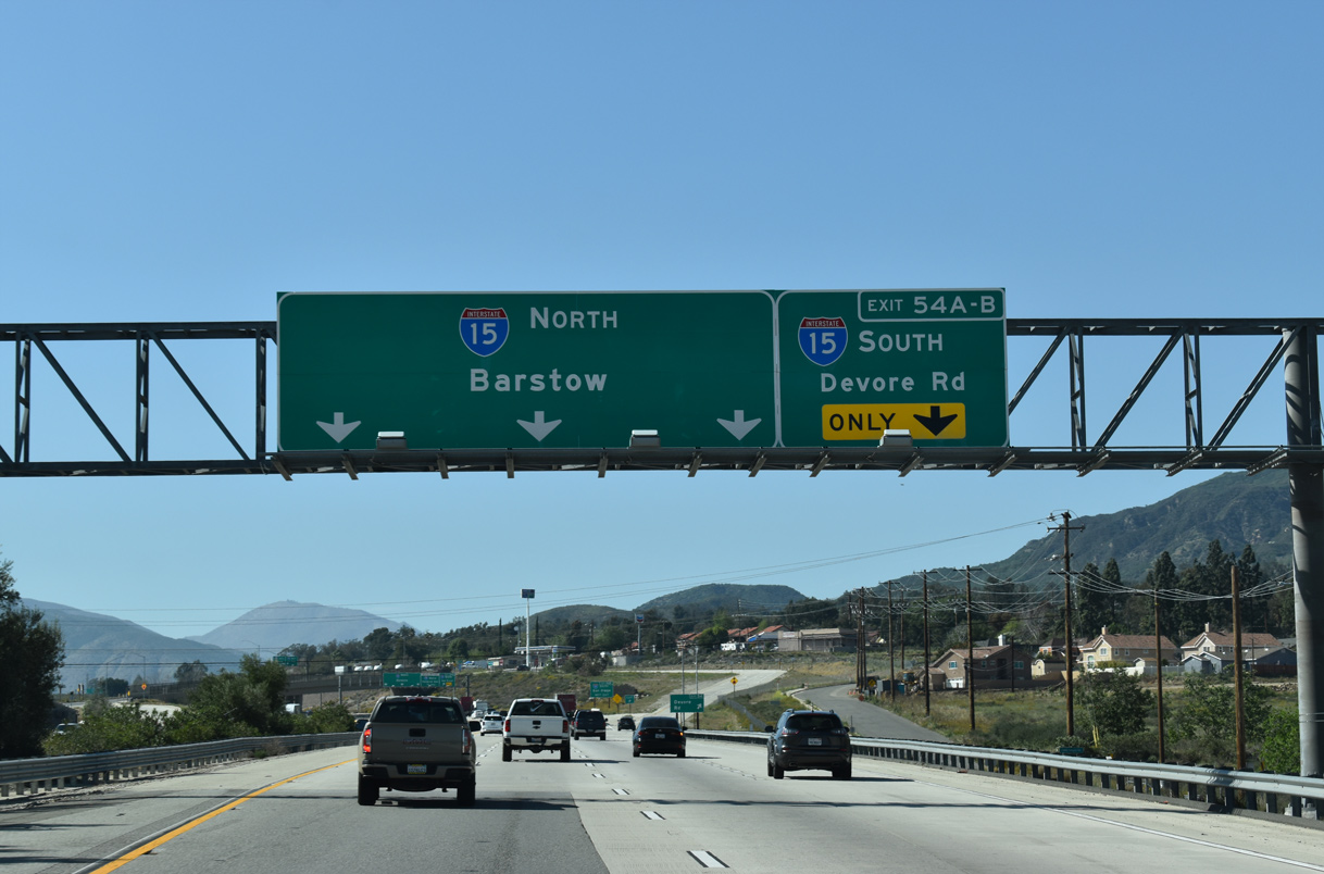 Interstate 215 ends just north of Devore Road in San Bernardino, CA.