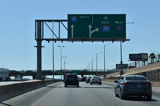 I-15 south at the Fish Bowl Interchange with I-215/CC 215 in Paradise, NV.