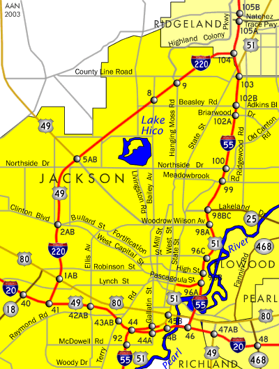 Road Map of Jackson, Mississippi