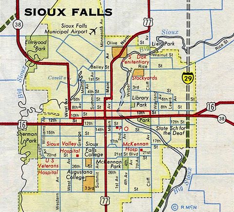 Sioux Falls inset from the 1960 Rand McNally North American Road Atlas