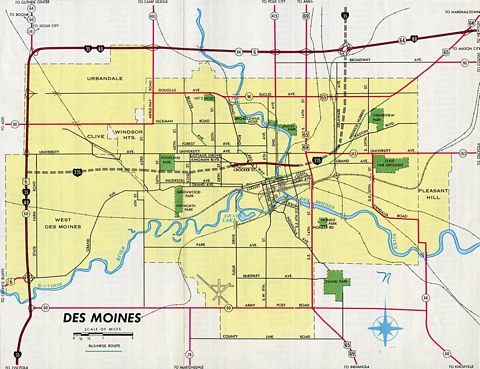 Des Moines inset from the 1964 Iowa Official Highway Map