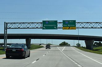 I-35 north at I-235 west to Des Moines, Iowa