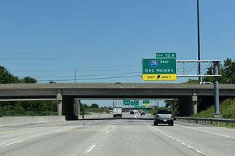 Exit 72 A leaves I-35 north for Interstate 235 east to Des Moines, IA