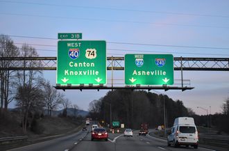 I-26 combines with I-240 east into Asheville while US 74 turns west with I-40 to Canton, NC.