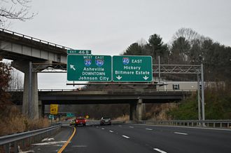 I-40 east splits with US 74 east at I-26/240 in Asheville, NC.