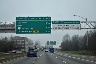 I-77 Express Lanes signage along I-277/NC 16 north in Charlotte.