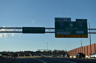 I-277 north at I-77/US 21 north to Mooresville and Statesville, NC.