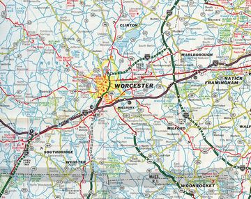 1969 map showing I-290 under construction from Worcester east to Marlborough, Massachusetts.