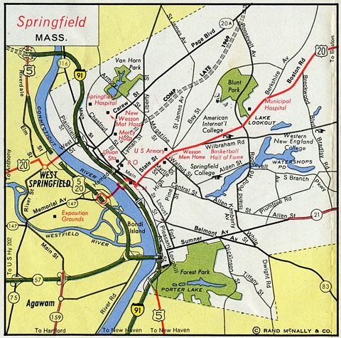 1969 map showing Interstate 291 under construction in Springfield, MA.