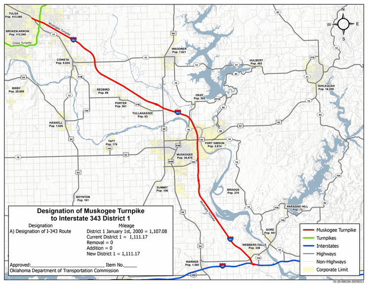 Map of the proposed route of Interstate 343 along the Muscogee Turnpike in eastern Oklahoma
