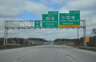I-80 west at old Exit 239 B for I-380/U.S. 218 and Iowa 27 north