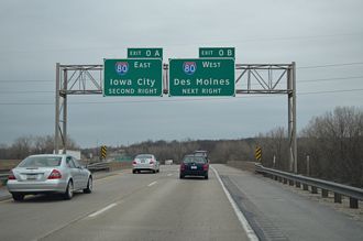 I-380/U.S. 218-Iowa 27 south cross U.S. 6 ahead of Exit 0 for I-80