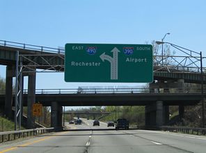 NY 390 south at the former left exit for I-490 east.