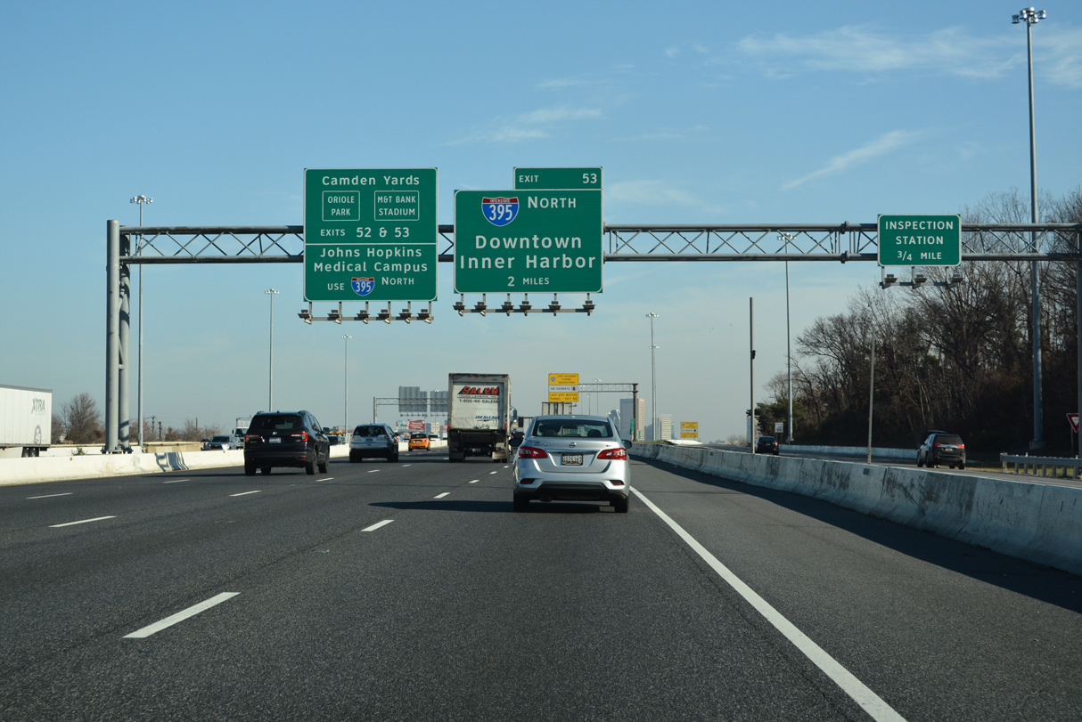 I-95 north two miles ahead of I-395 in Baltimore, Maryland.