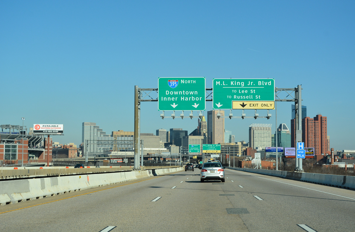 I-395 north ahead of Martin Luther King, Jr. Boulevard in Baltimore, MD.