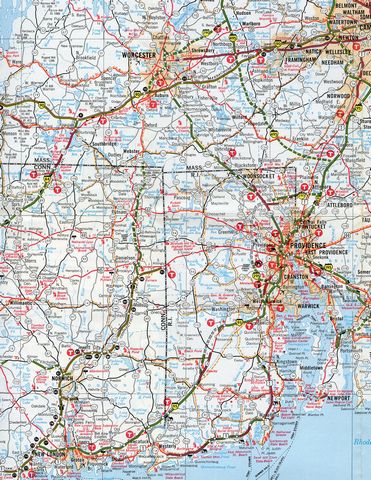 1968 map showing Route 52 along the Connecticut Turnpike and construction of the freeway north to Worcester, Massachusetts.