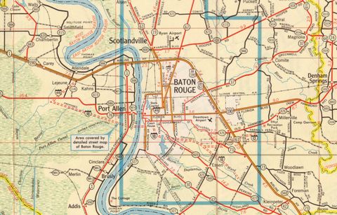 1961 map of Baton Rouge showing the first proposed route of Interstate 410 in Louisiana