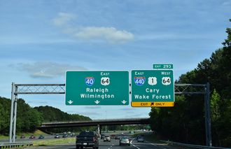 I-40 east at I-440 around Raleigh and US 1/64 southwest to Apex.
