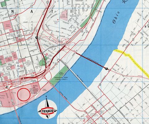 1973 Map of Downtown Cincinnati showing early construction of the Dan Beard Bridge
