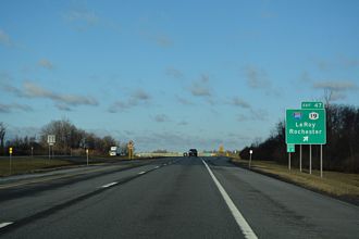 I-90/NYS Thruway west at Exit 47 for I-490 east and NY 19 in LeRoy.