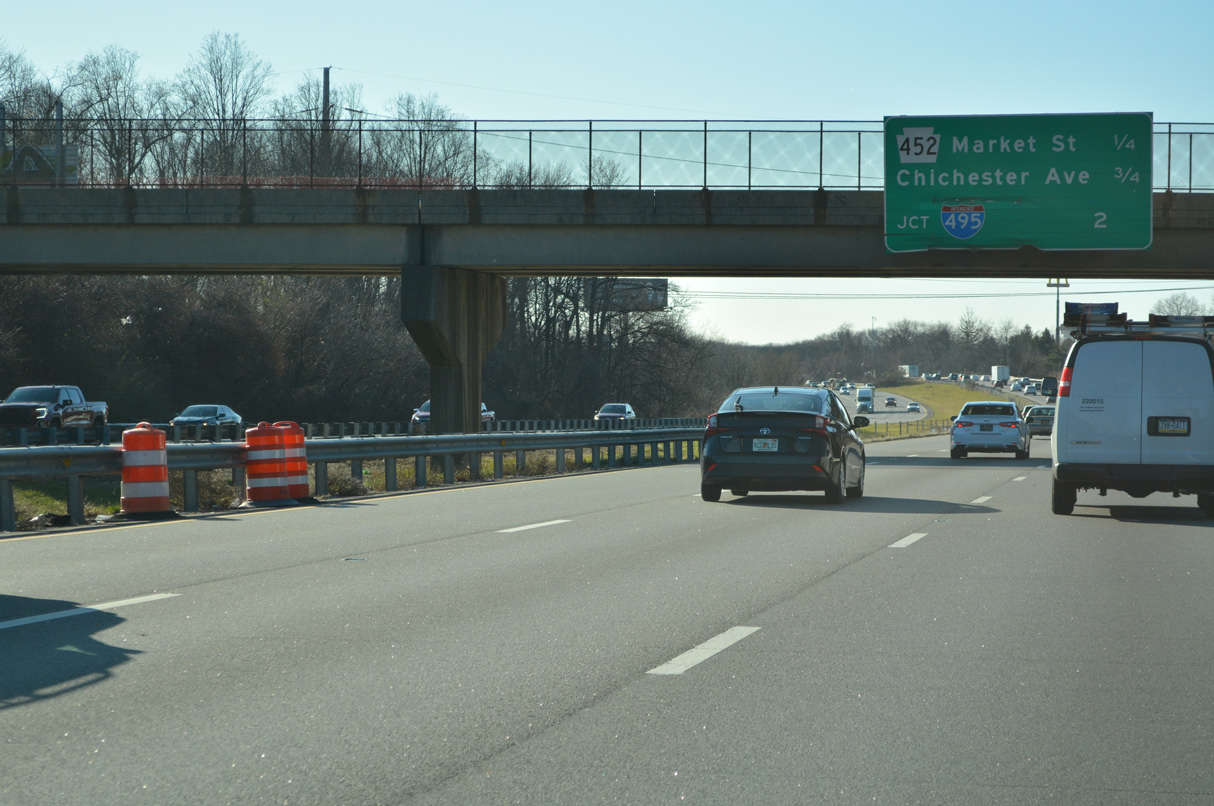 I-95 heads two miles south from Upper Chichester Twp, PA to I-495 in Delaware.