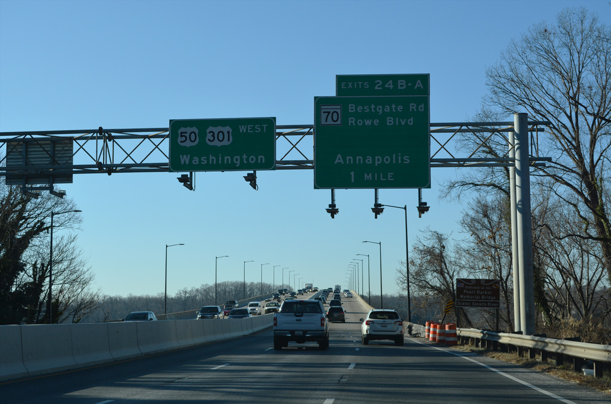 US 50/301 cross the Severn River one mile from I-595/MD 70 at Annapolis.