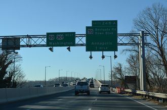US 50/301 cross the Severn River one mile from I-595/MD 70 at Annapolis.