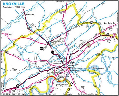 1970 road map of Knoxville, Tennessee