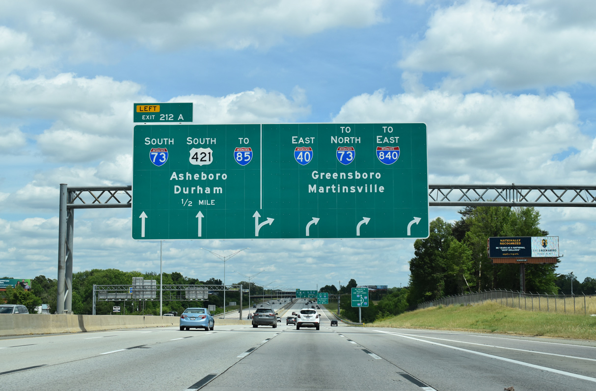 I-40/US 421 east split in a half mile at I-73/840 in Greensboro, NC.