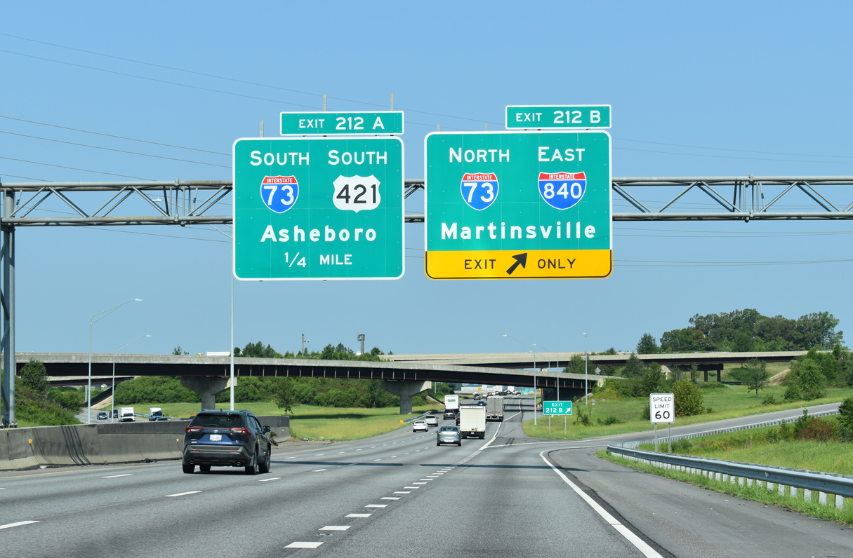 Exit 212 B leaves I-40 west for I-73/840 north toward Martinsville, VA.
