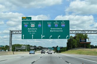I-40/US 421 east split in a half mile at I-73/840 in Greensboro, NC.
